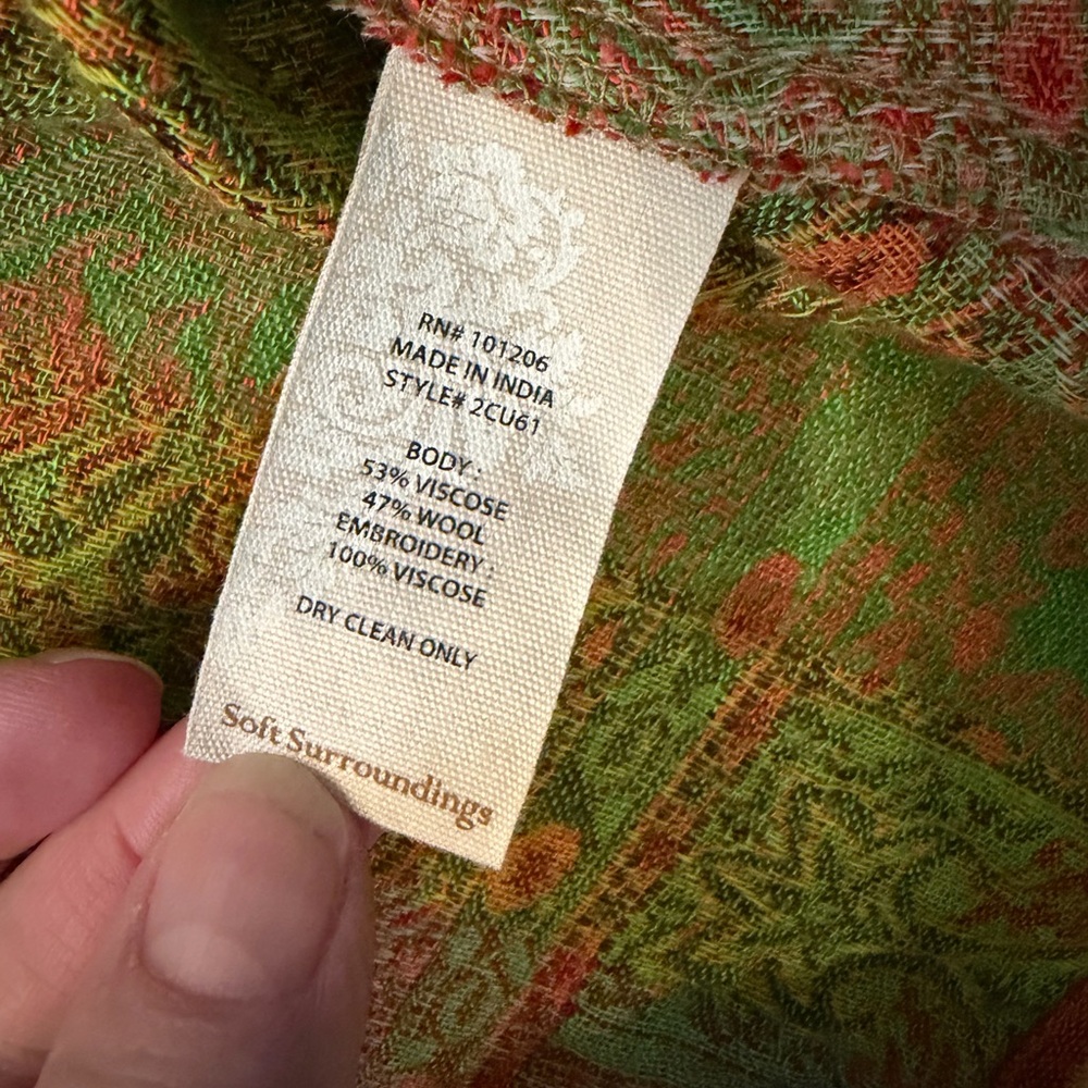 Soft Surroundings Green, Orange, Red and Pink Oasis Wool Open Kimono Size L/XL - Picture 6 of 8